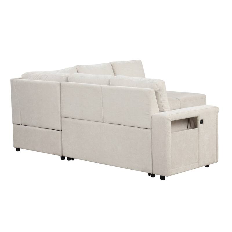 90.6"Polyester L-Shaped Modular 5-Seater Sofa with Storage Space, USB Ports, Cup Holders, and Removable Ottoman