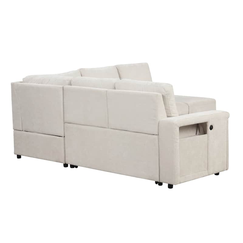 Convertible Sleeper Sectional Sofa with Pull-Out Bed & Storage, L-Shape Modular Sofa with Ottoman, USB Ports & Cup Holders