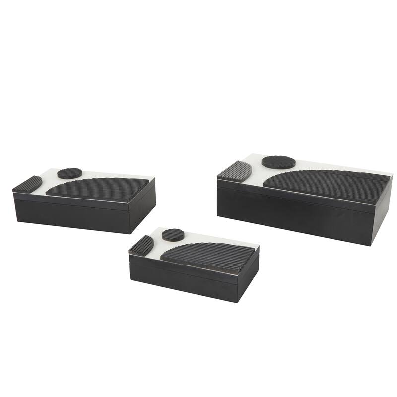 Black Wood Handmade Decorative Box with 3D Geometric Accents (Set of 3) - 9"W x 15"L x 4"H