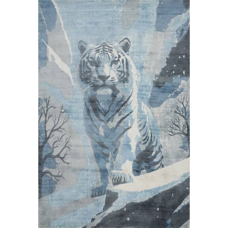 Hand Knotted Oriental Viscose Silk Carpet Modern Animal Pictorial Navy Blue & Blues Modern Area Rug - 7' 11'' X 5' 6''