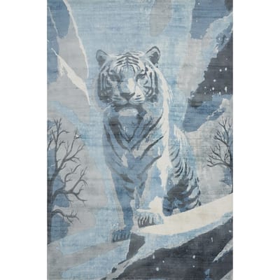 Hand Knotted Oriental Viscose Silk Carpet Modern Animal Pictorial Navy Blue & Blues Modern Area Rug - 7' 11'' X 5' 6''