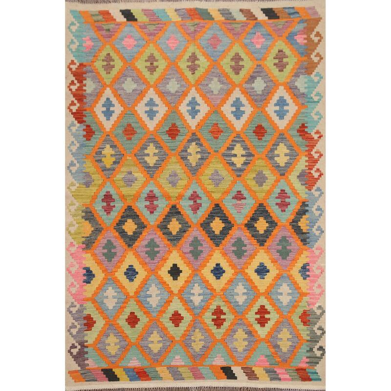 Hand Woven Oriental 100% Wool Carpet Southwestern All-Over Oranges & Rust Kilim Area Rug - 6' 7'' X 5' 0''