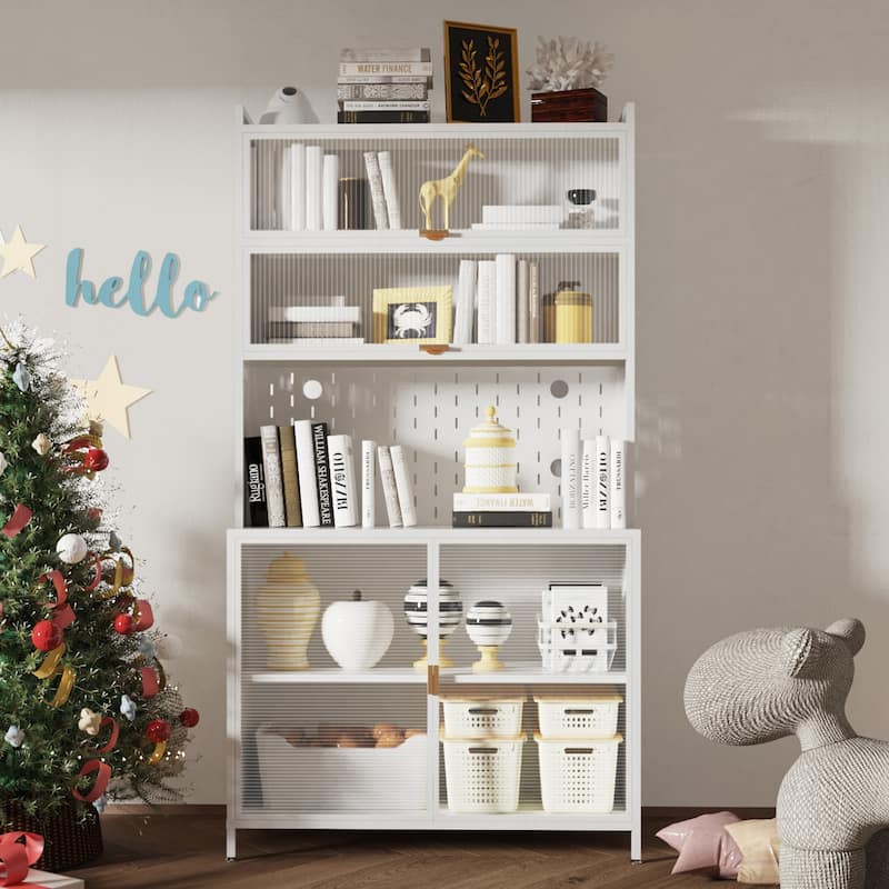 Tall Kitchen Pantry Cabinet Storage Cabinet with 6 Level Flip Door, Pegboard Metal Buffet Cabinet, Anti-Tip Hutch - White