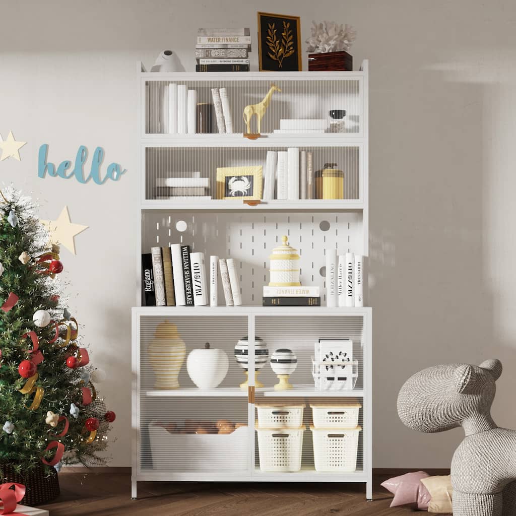 Tall Kitchen Pantry Cabinet Storage Cabinet with 6 Level Flip Door, Pegboard Metal Buffet Cabinet, Anti-Tip Hutch