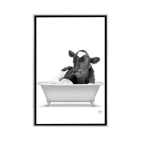iCanvas "Cow In The Bath Bw" by Printable Lisa's Pets Framed