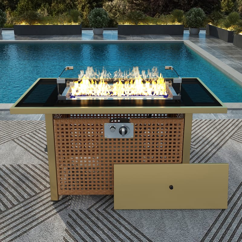 43" 60000 BTU Propane Wicker Gas Fire Pit Table w/ Glass Wind Guard - Yellow