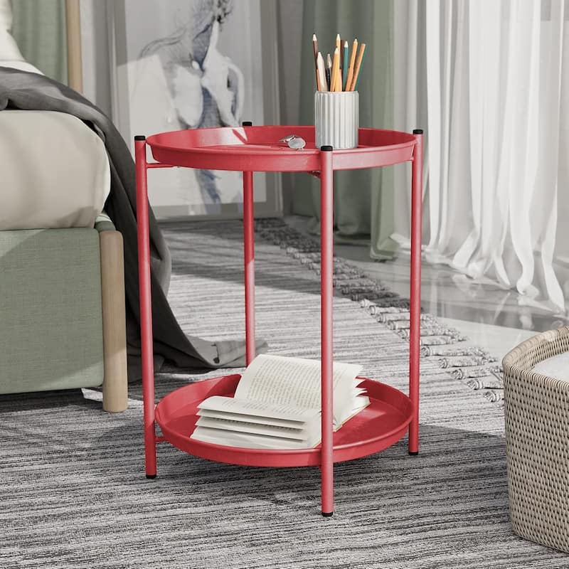 Steel Patio Side Table 2-Tier, Weather Resistant Outdoor Round End Table