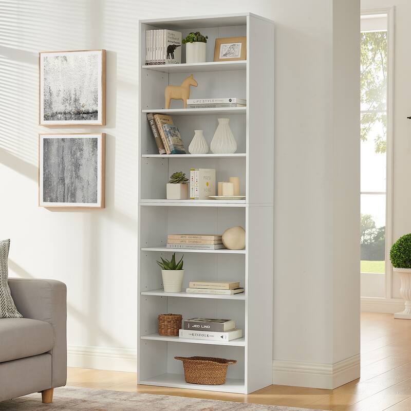Modular 8-Tier Storage Cabinet –Convertible Bookcase with Adjustable Shelves, Dual-Layer Design Separates into Two 4-Layer Units - White