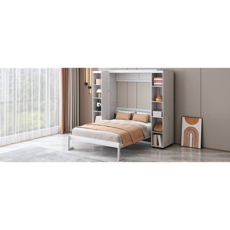 White Queen Murphy Bed with Storage Doors, Space-Saving Wall Bed