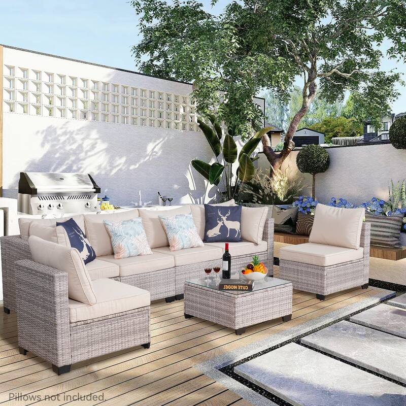 7-Piece Wicker Outdoor Sectional Set with Cushions and Coffee Table - Beige