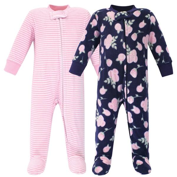 slide 1 of 1, Hudson Baby Infant Girl Fleece Zipper Sleep and Play 2pk, Navy Rose 0-3 Months - Navy Rose