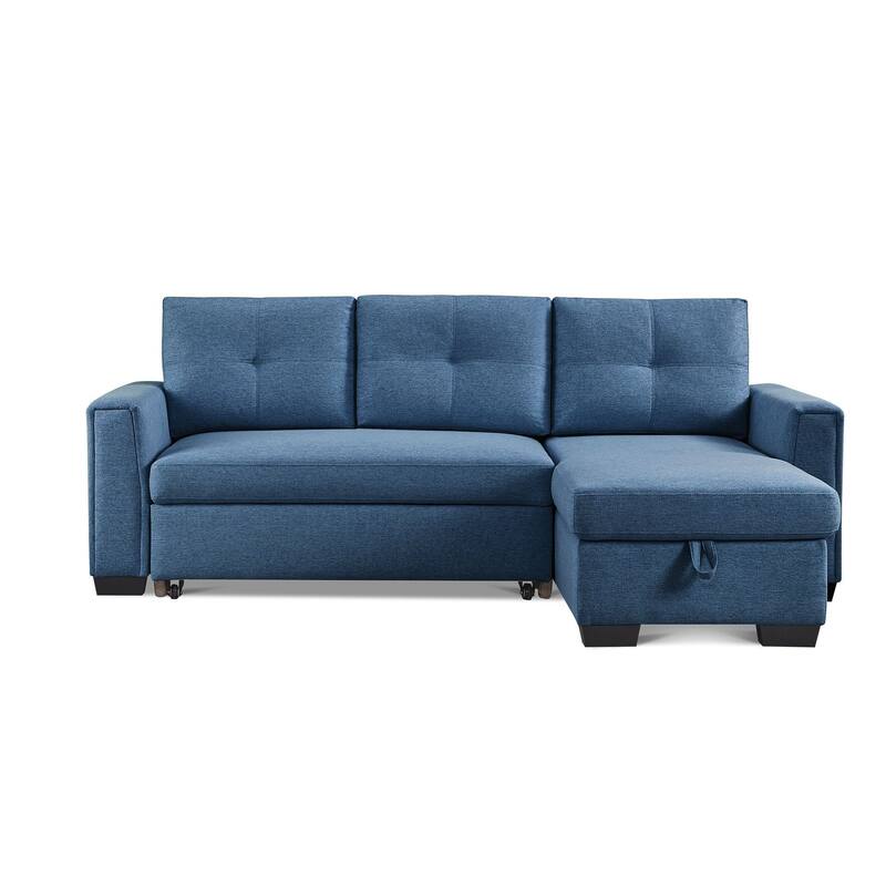 HomeRoots 92" Blue Polyester Blend Convertible Futon Sleeper Sofa With Black Legs - 92