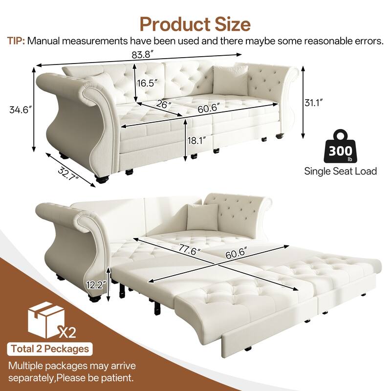 83.8" Chesterfield Velvet Pull-Out Sofa Bed, Classic Roll Arm Sleeper Couch with Elegant Flower Tufting