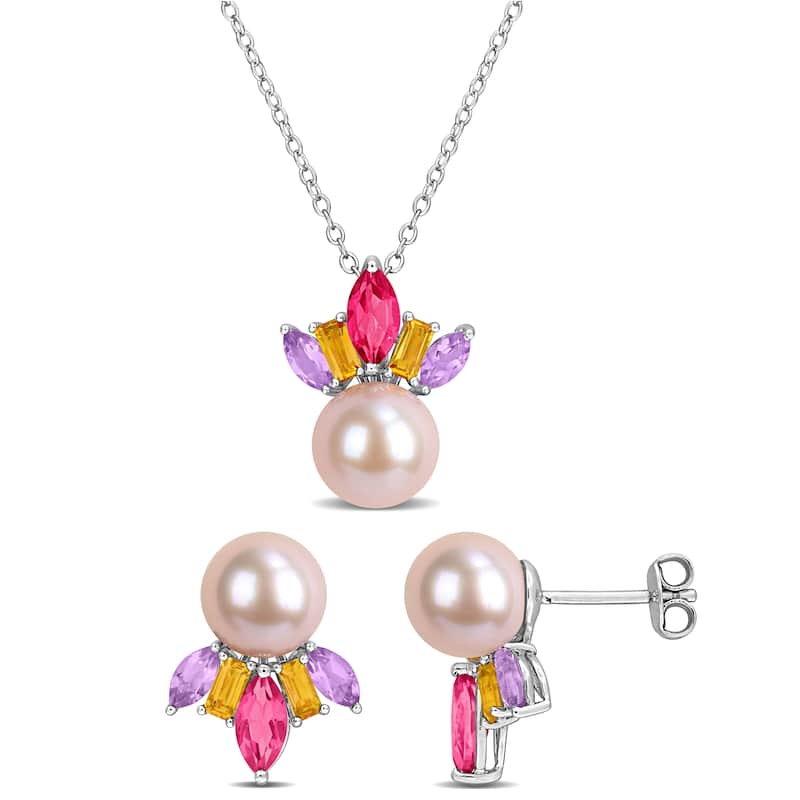 Miadora Sterling Silver Gemstone and Cultured Freshwater Pearl Necklace and Earrings Set - Pink