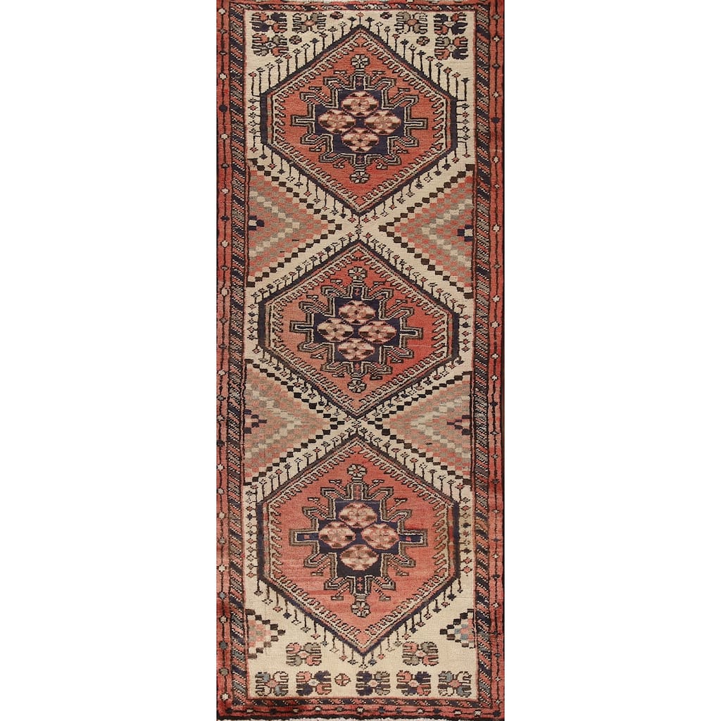 Geometric Bakhtiari Persian Vintage Runner Rug Handmade Wool Carpet - 3'1"x 9'1"
