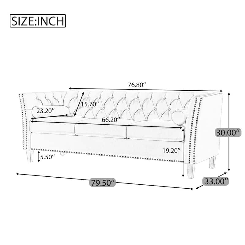79.5" 3-Seater Sofa with Flared Arms and Nailhead Trim