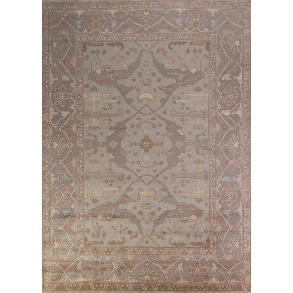 Transitional Floral Grey Oushak Area Rug Hand-Knotted Wool Carpet - 9'0" x 11'10"