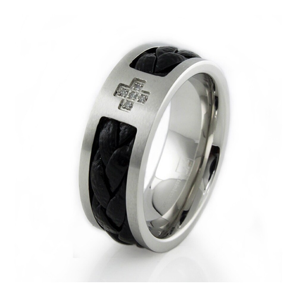 Shop Stainless Steel Men S Cross Ring W Leather Inlay 9mm Overstock 12415434