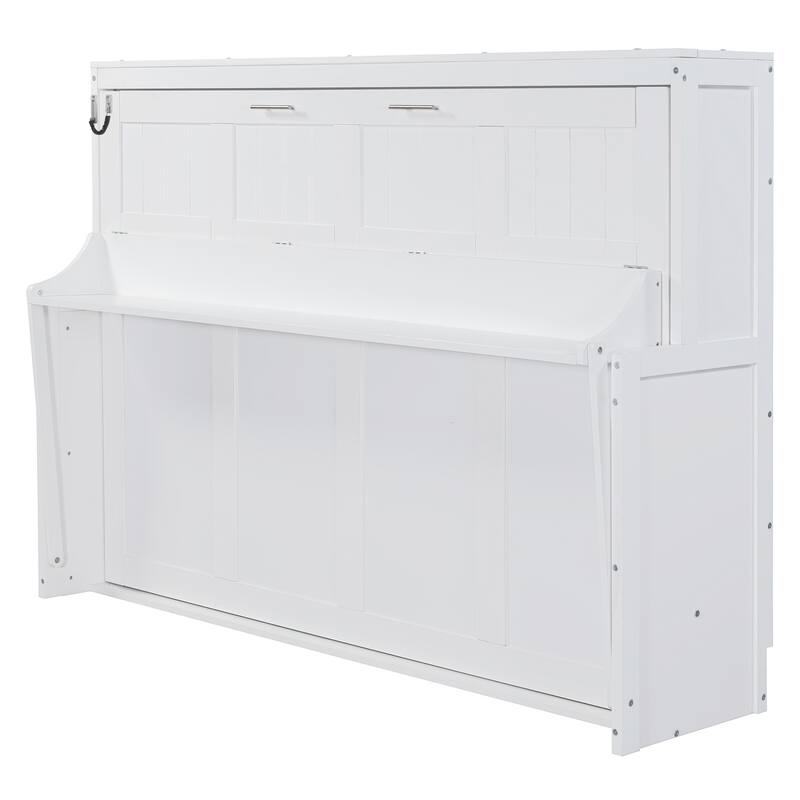 Space-Saving White Murphy Bed with Hydraulic Lift & Foldable Desk - Full/Queen Size