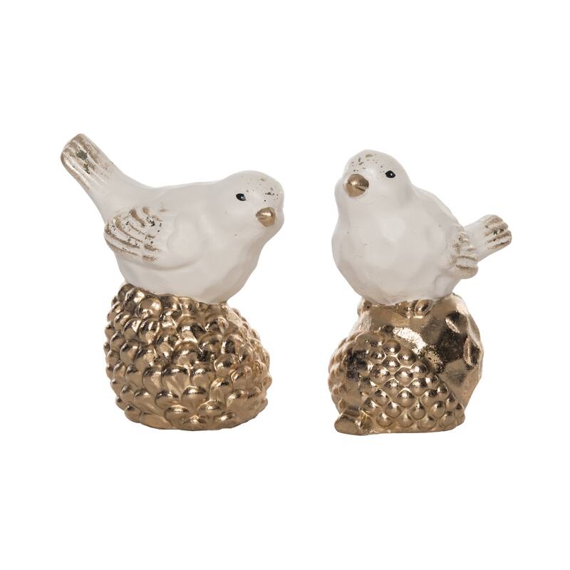 Transpac Small Resin White Bird w/Golden Acorn Figurine Set of 2 Christmas Home Decorations