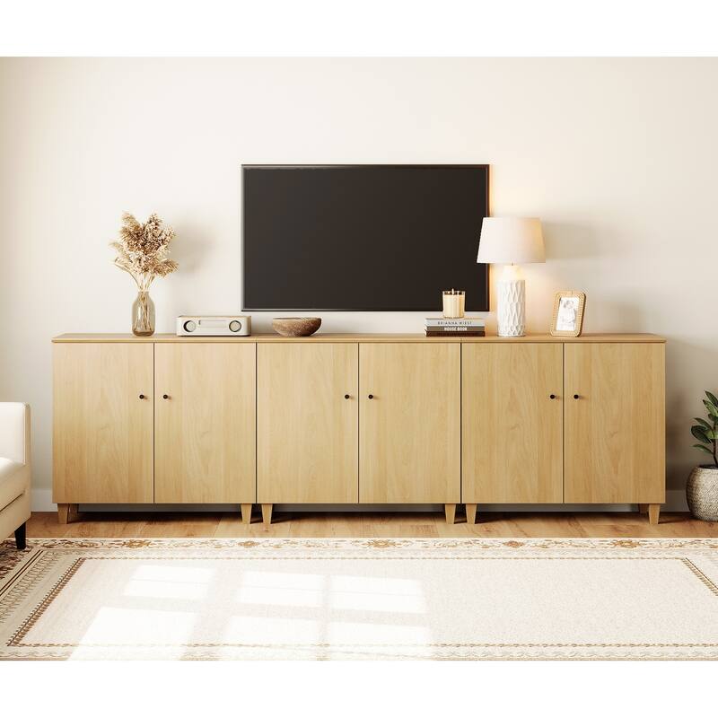 WAMPAT Wide TV Stand Cabinet, Entertainment Center with Doors, 32.4"H - For 85" TV - Oak