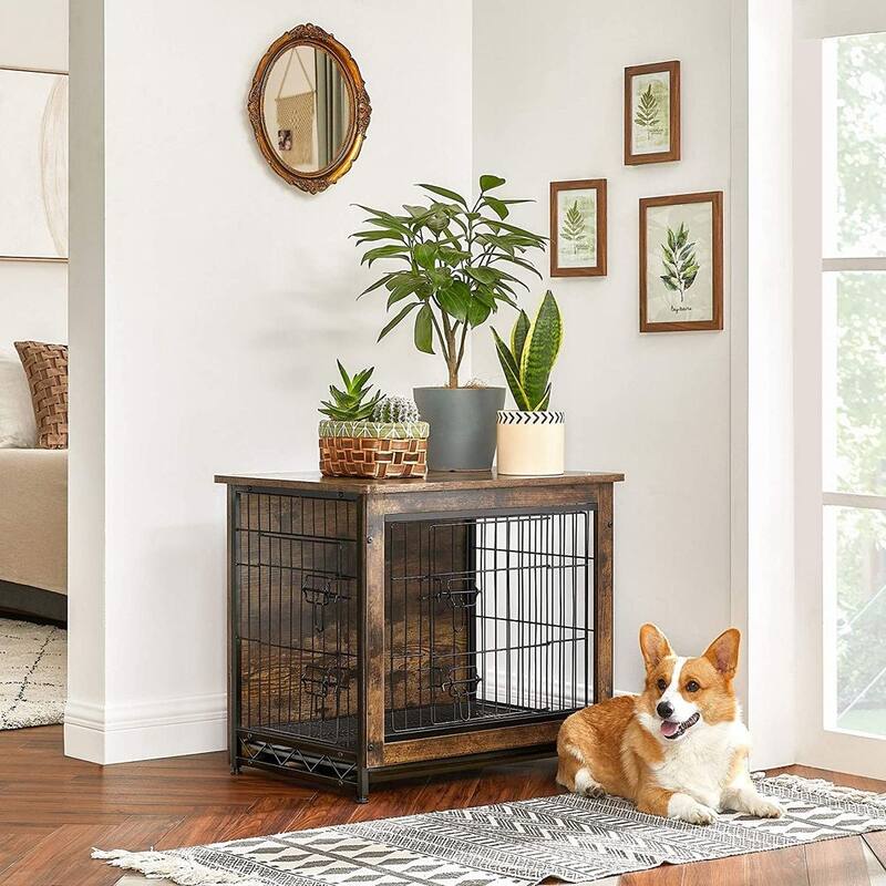 Wooden Dog Crate with Removable Tray, Indoor Pet Crate End Table - 27.2”L x 20.1”W x 23.6”H - Rustic Brown, Black