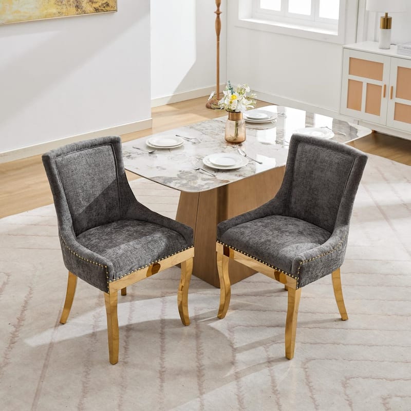 Set of 2 Chenille Upholstered Dining Chairs with Gold-Plated Legs