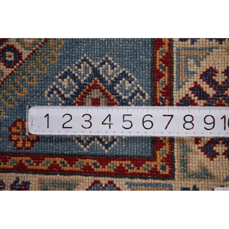 Blue Geometric Kazak Foyer Rug Hand-Knotted Wool Carpet - 3'5" x 4'11"