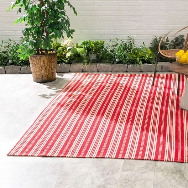 Ticking Stripe Red/Ivory Handwoven Indoor/Outdoor Rug On Sale Bed