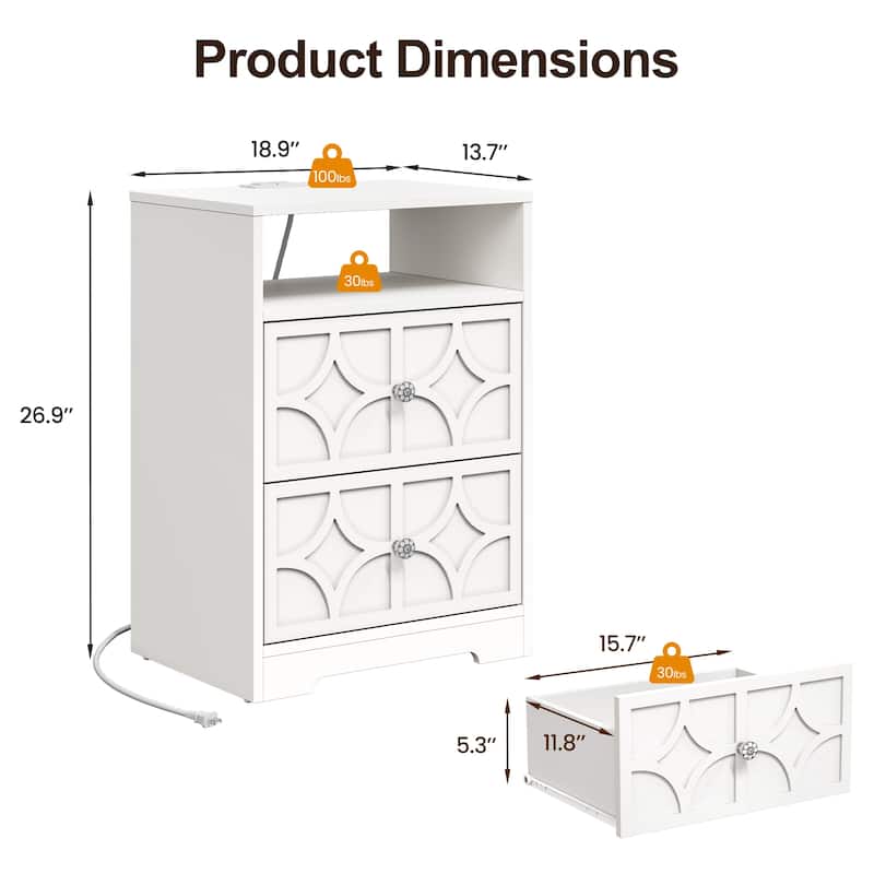 Large Night Stand with 2 Drawers and Charging Station