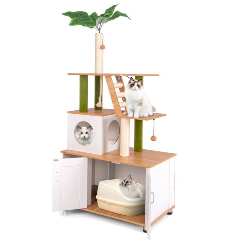 Cat Tree with Cabinet & Condo, Scratching Posts, Interactive Toys & Odor-Free Enclosure - 31.5" x 19" x 69"