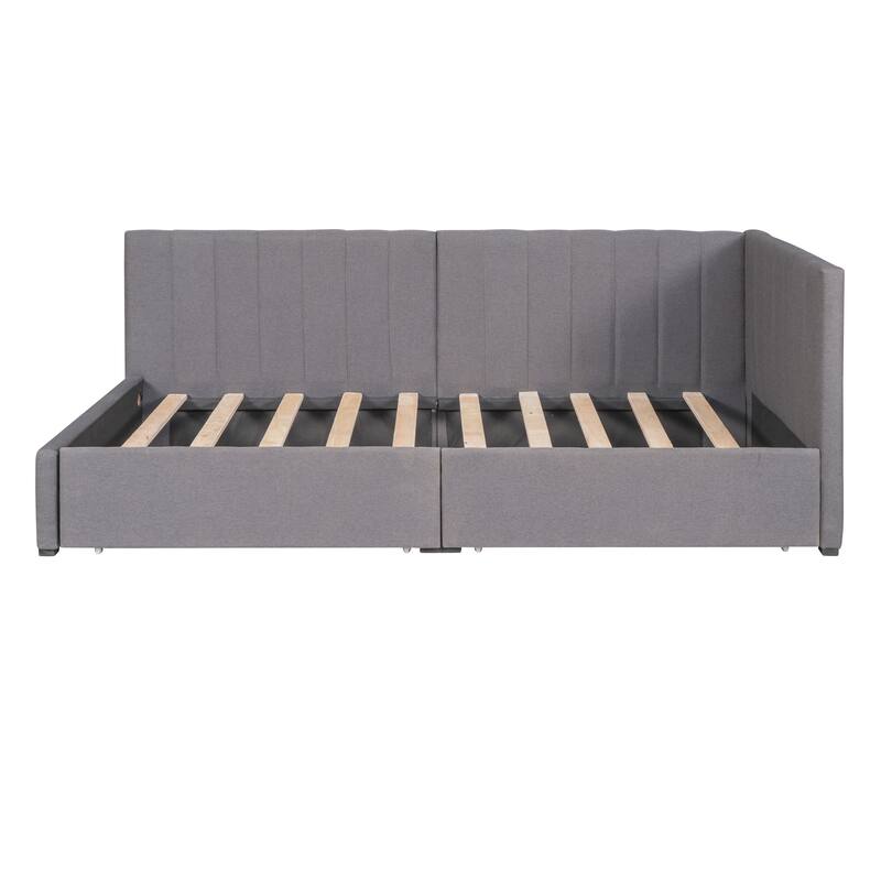 Grey Twin Linen Upholstered Daybed with Two Drawers - No Box Spring Needed, Sofa Bed Frame