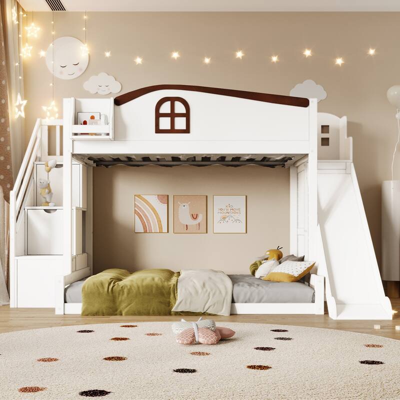 Roomfitters Twin Over Full Bunk Bed with Slide, Wardrobe and Storage Staircase - White - Twin