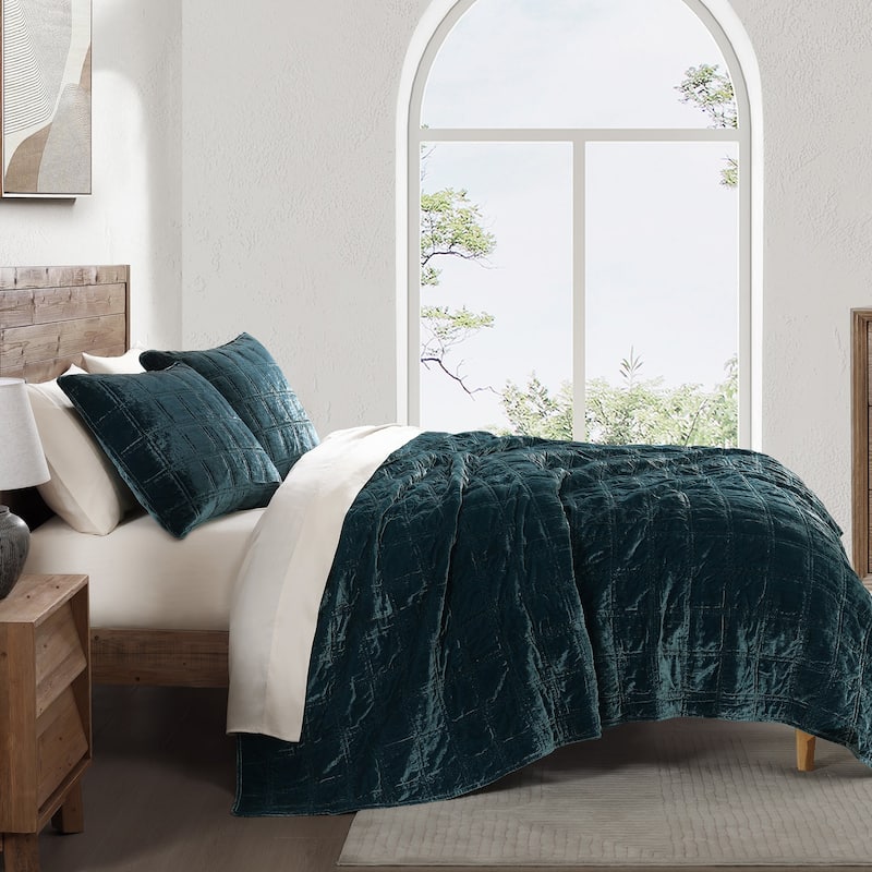 HiEnd Accents Stella Faux Silk Velvet Double Box Stitch Modern Rustic 3 Piece Quilt Set - Storm Blue - Queen
