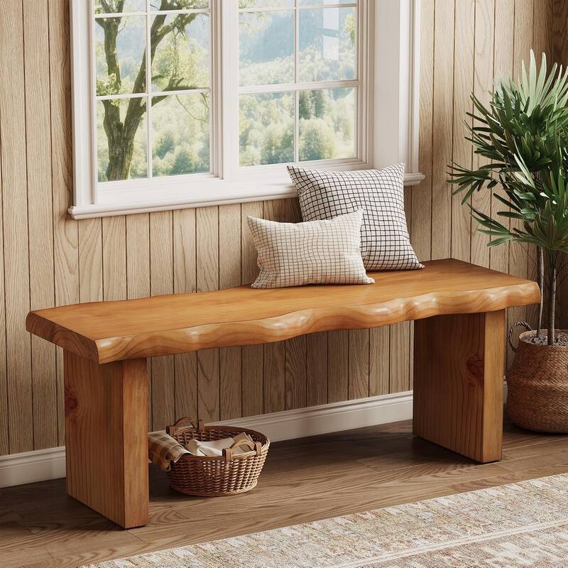 47" Solid Wood Bench, Farmhouse Entryway Bench for Bedroom, Dining Room - 47.2" W × 13.8" D × 17.7" H - Natural Wood