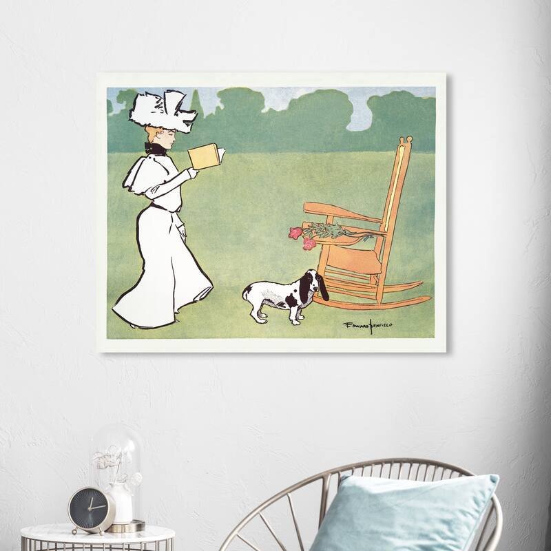 Wynwood Studio Canvas Entertainment Woman reading in the garden - Edward Penfield Green and Vintage Wall Art Canvas Print - 36 x 45