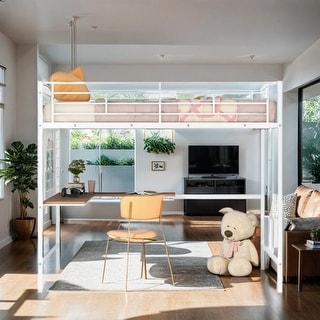 Industrial Modern Full Metal Loft Bed with Desk and Metal Grid, Space-saving, Sturdy Construction & Safety Guaranteed, White