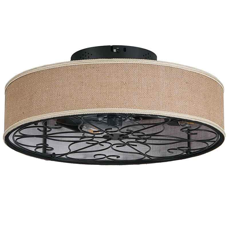 20 Inch Caged Ceiling Fans with Lights Flush Mount,Fabric Farmhouse Bladeless Ceiling Fan with Remote(Bulb Not Included) - Black