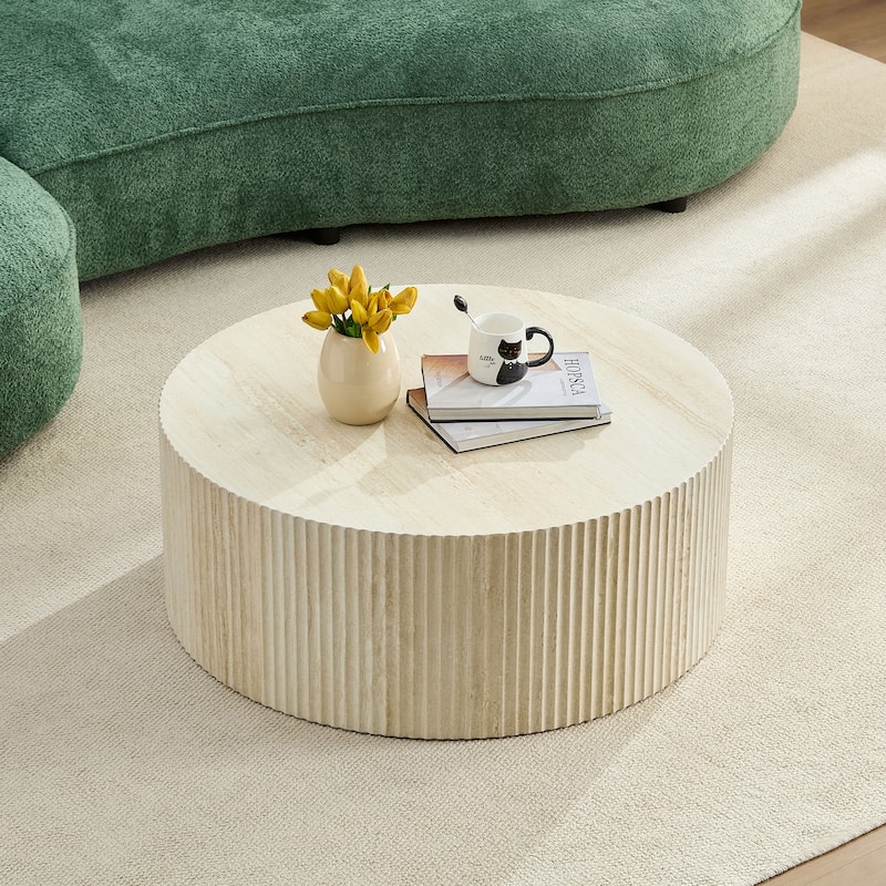 Faux travertine Round Coffee Table with Eye-Catching Relief Design, Travertine