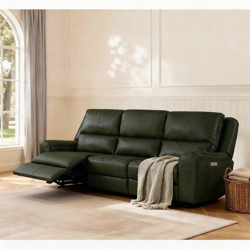 116" W Top Grain Leather Triple-Power Oversized Width Seat Sofa with Ajustable Headrest, USB & USB-C Charging
