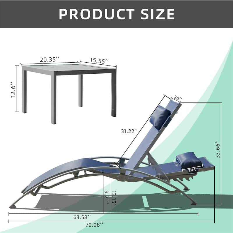 Outdoor Adjustable Aluminum Pool Lounge Chairs Set with Pillow