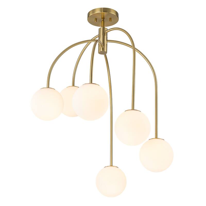 6-Light Brass Semi-Flush Mount Ceiling Light with Opal Glass Globe Shades - 27.2-in W x 32.3-in H