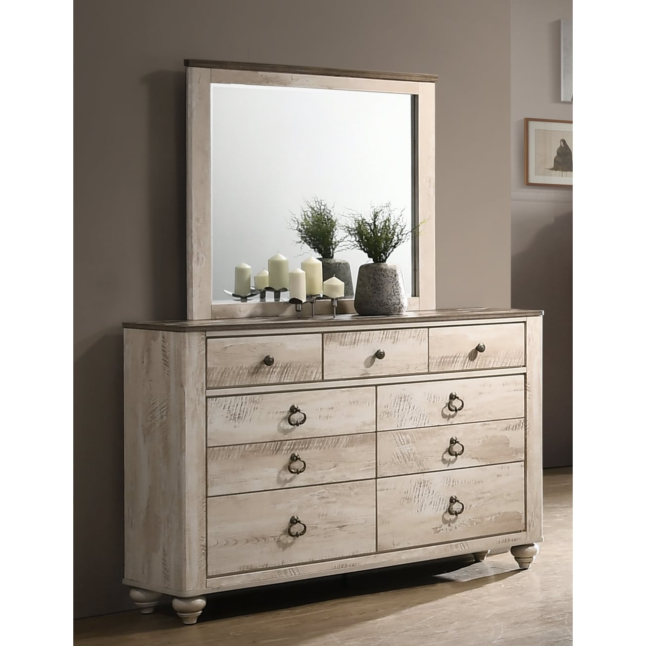 Roundhill Furniture Imerland Contemporary White Wash Patched Wood Top Dresser, Mirror