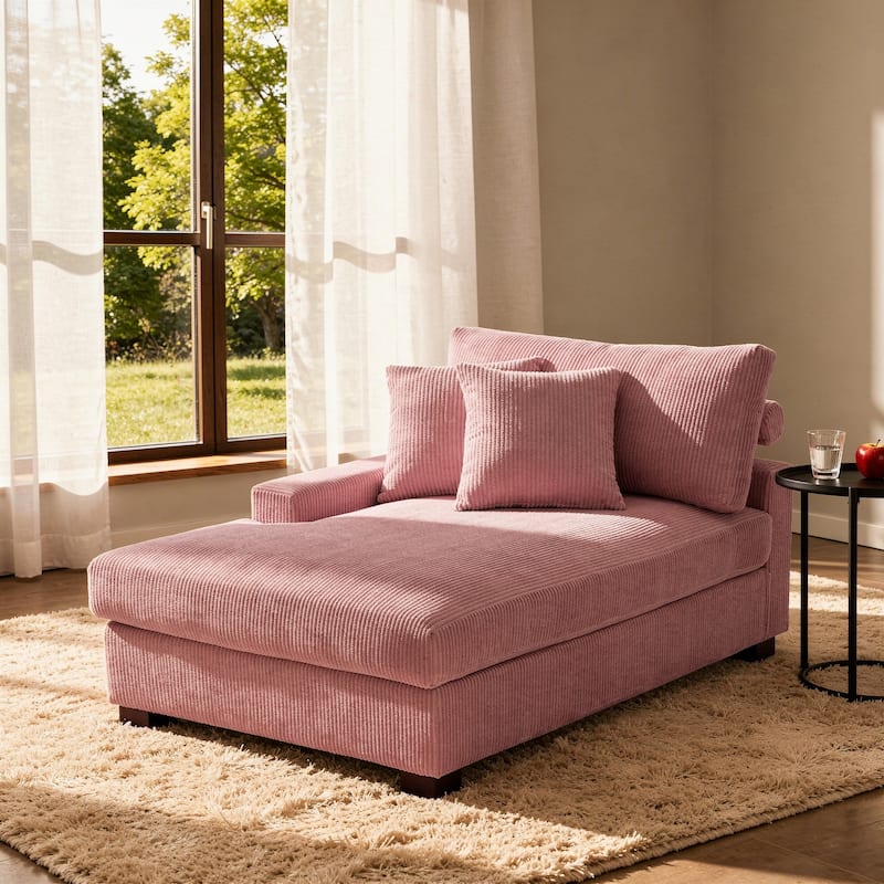 Modern Corduroy Indoor Chaise Lounge Couch with Pillows - Right Facing - Pink