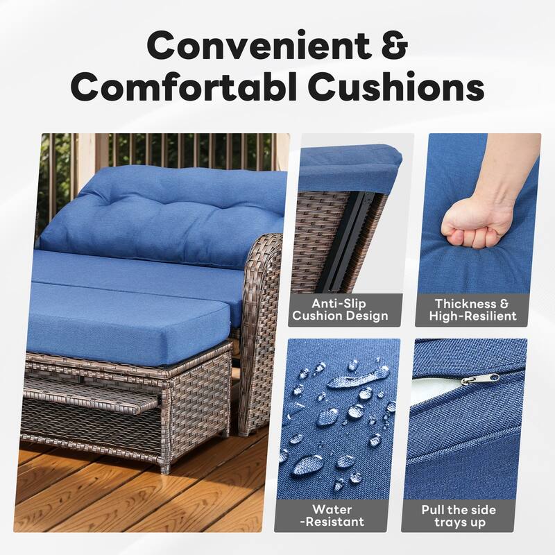 Outdoor Double Chaise Lounger with Soft Ottoman - Brown