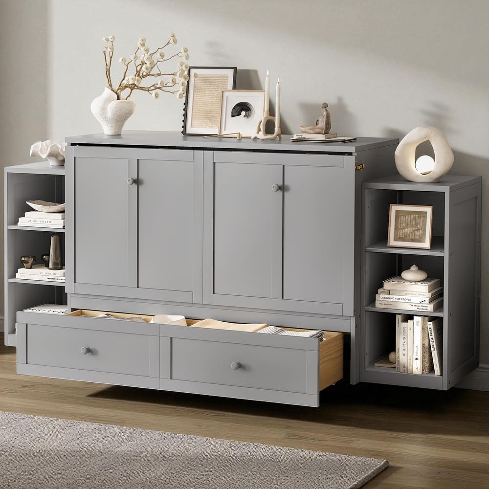 Full/Queen Size Murphy Bed with Storage Drawers and Shelves, Space-Saving Foldable Wall Bed for Guest Room