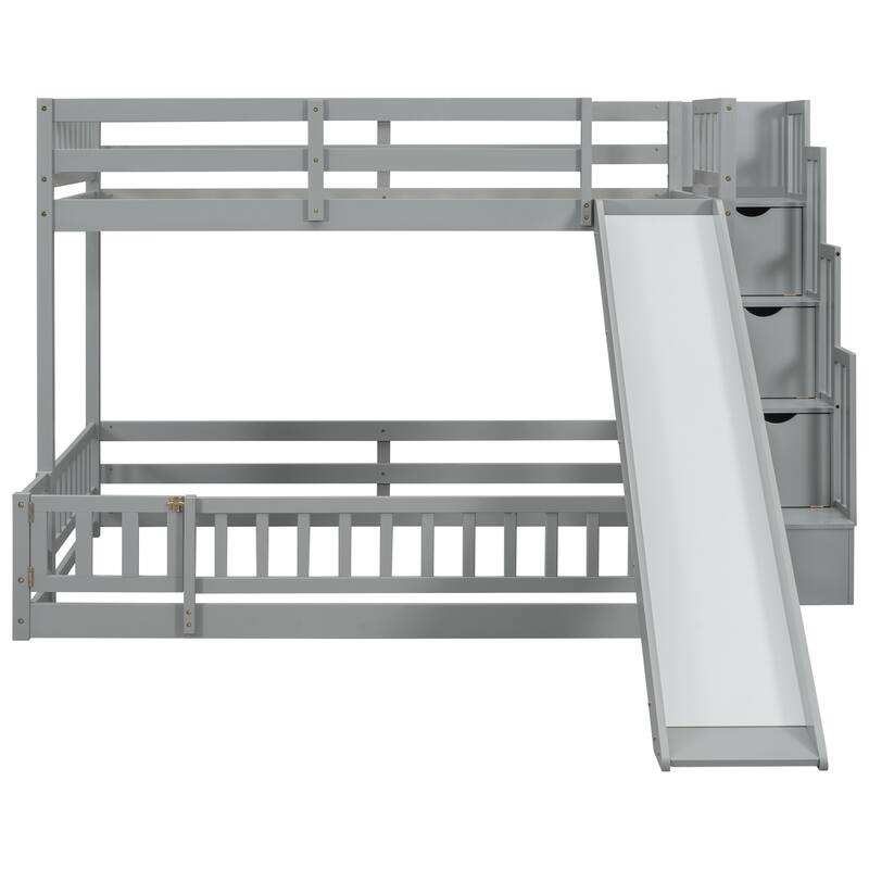 Solid Pine Twin Over Full Bunk Bed with Slide, Storage Drawers, and Sturdy Staircase for Kids' Rooms