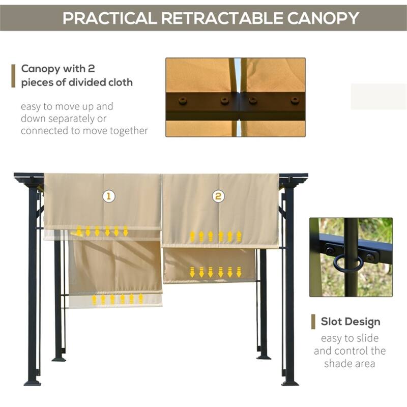 Beige and Black Outdoor Pergola with UV-Resistant Sliding Polyester Canopy and Sturdy Steel Frame for Patio Porch Backyard