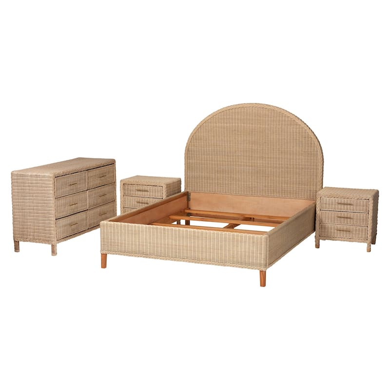 Lanica Japandi Sun-Bleached Braided Rattan Queen Size 4-Piece Bedroom Set