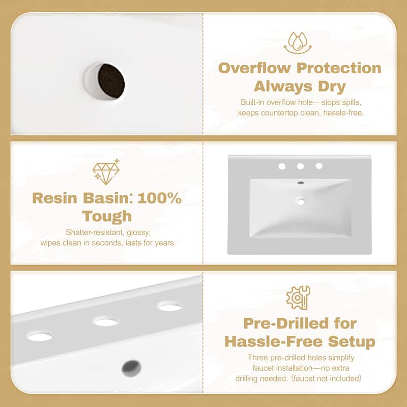 30" Bathroom Vanity with Resin Sink Handwoven Rattan Doors Soft Close Hinges Solid Wood Base